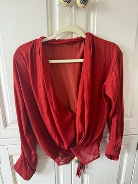 Free People Red Draped Wrap Blouse